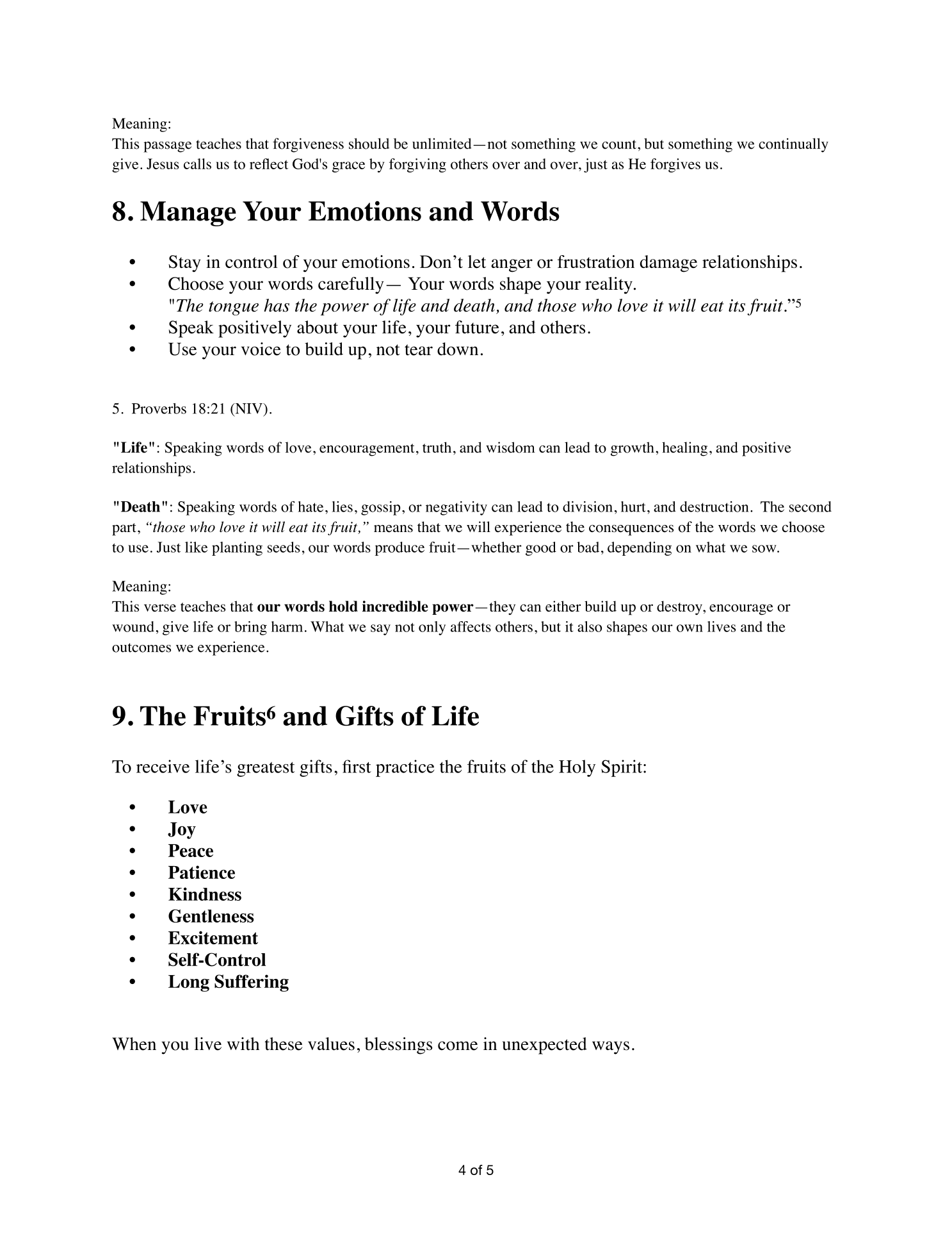 Page 4 — lessons 8. Manage Your Emotions and Words and 9. The Fruits and Gifts of Life, listing the fruits of the Holy Spirit: Love, Joy, Peace, Patience, Kindness, Goodness, Gentleness, Excitement, Self-Control, and Long Suffering.