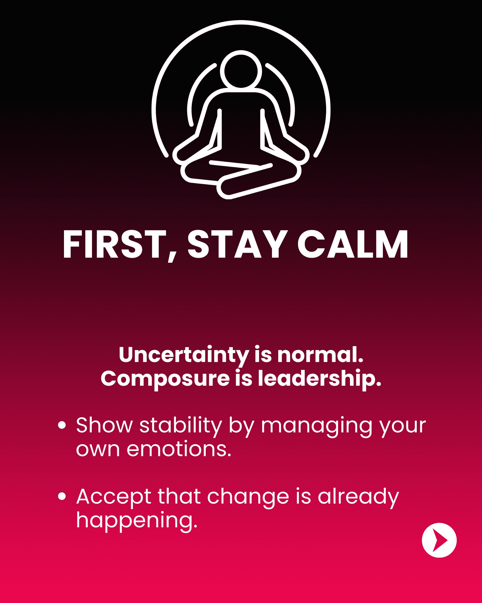 Step “First, Stay Calm” — a seated meditating figure, with the line “Uncertainty is normal. Composure is leadership.” and bullets to show stability by managing your own emotions and to accept that change is already happening.