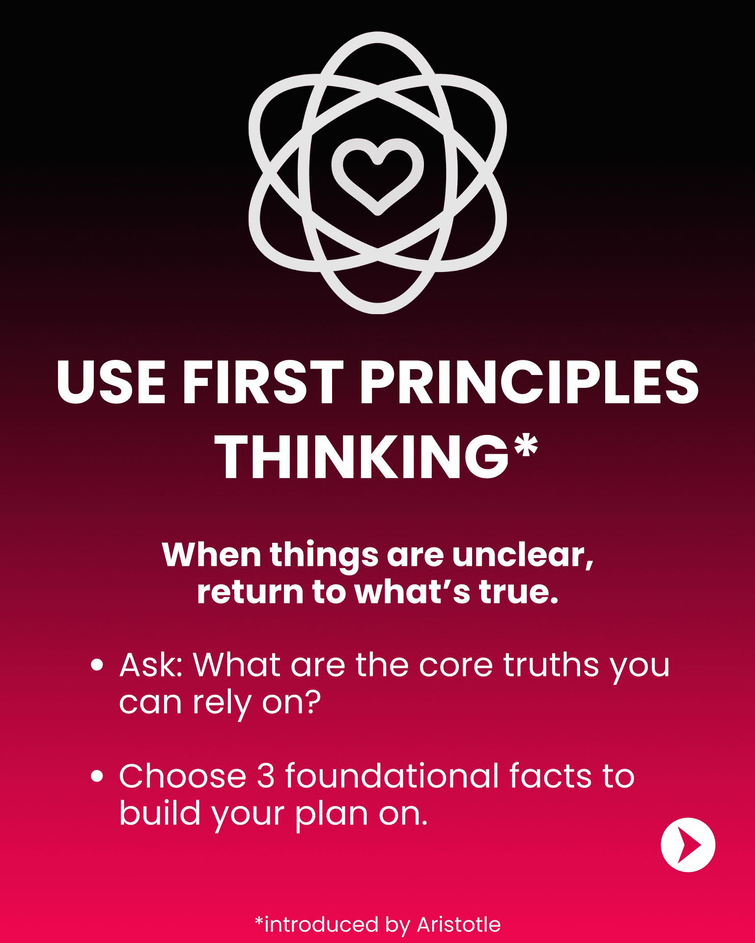 Step “Use First Principles Thinking” (introduced by Aristotle) — an atom-with-heart icon, with the line “When things are unclear, return to what’s true.” and bullets to ask what core truths you can rely on and to choose 3 foundational facts to build your plan on.